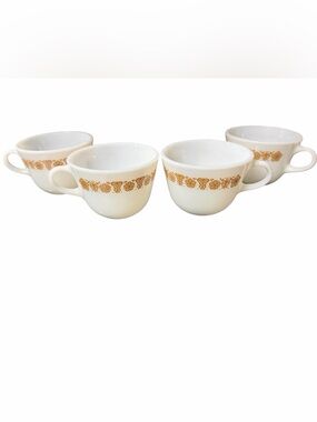 Vintage Pyrex Butterfly Gold Tea Cups Set of 4 Milk Glass Corning Corelle 1970s